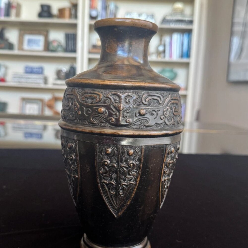 Antique Chinese Bronze Taotie Mask Vase – Archaic Style, Signed, Original Patina